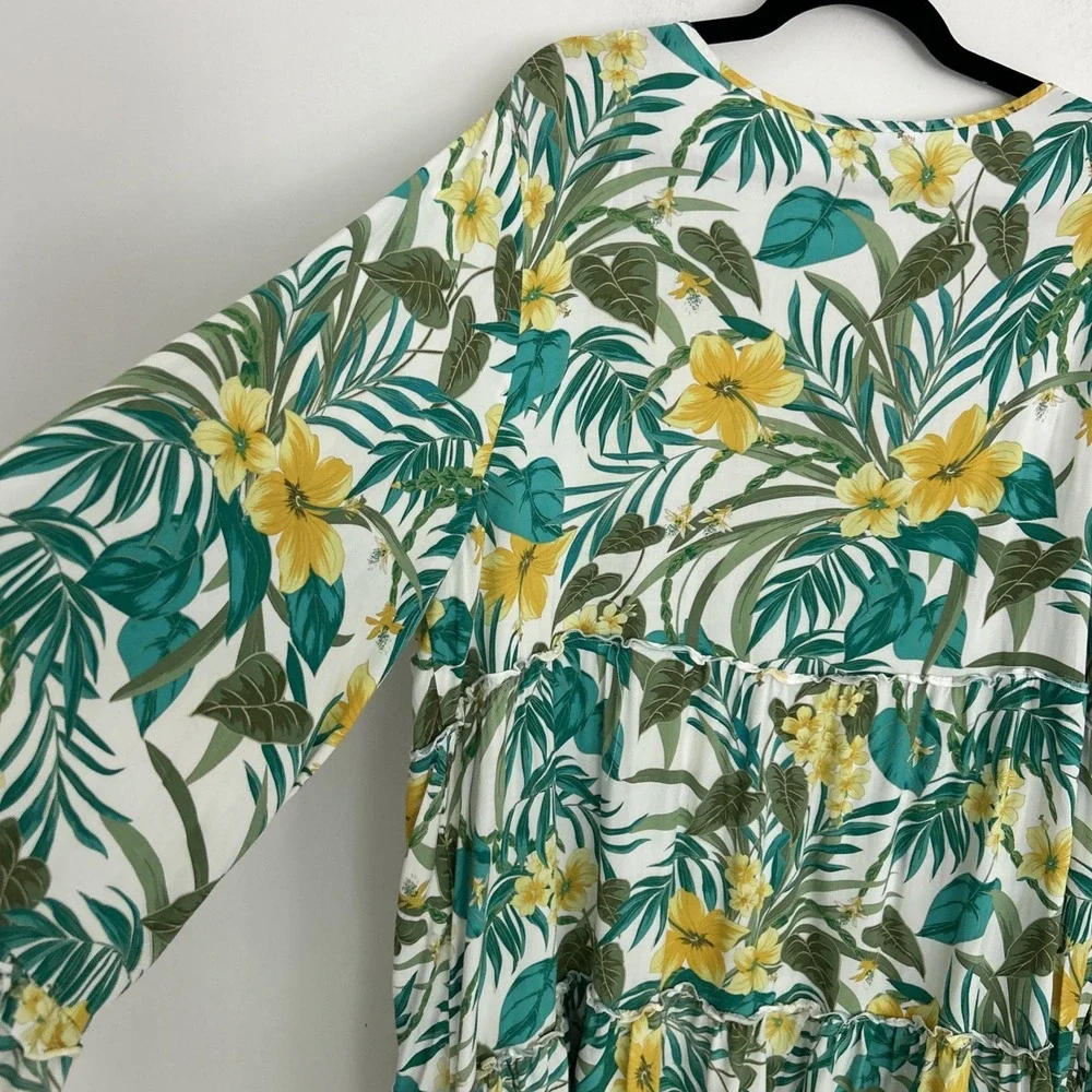 Blue‎ Island Women's 3X Blue Yellow Long Sleeve Tassel Layered Dress  Coastal